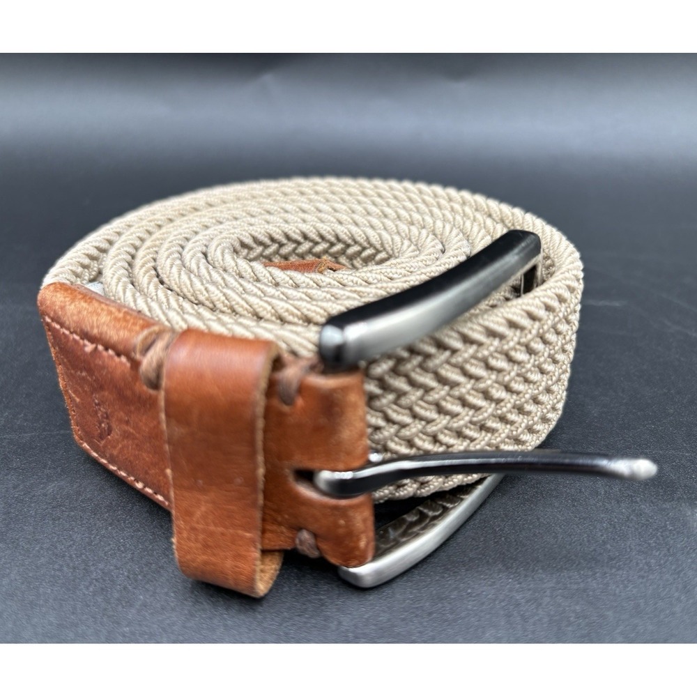 Tommy Bahama Men's Belt 47" Braided Stretch Khaki Woven & Brown Leather EUC